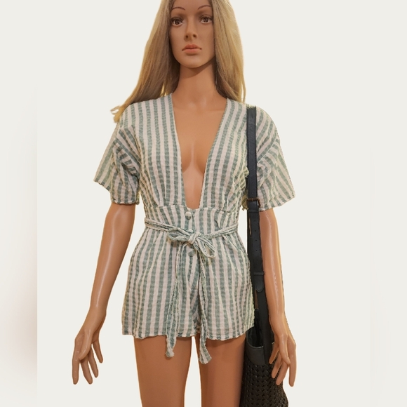 SPRING BOHO Lovers +FRIENDS Striped Green and White Romper, - Picture 1 of 14